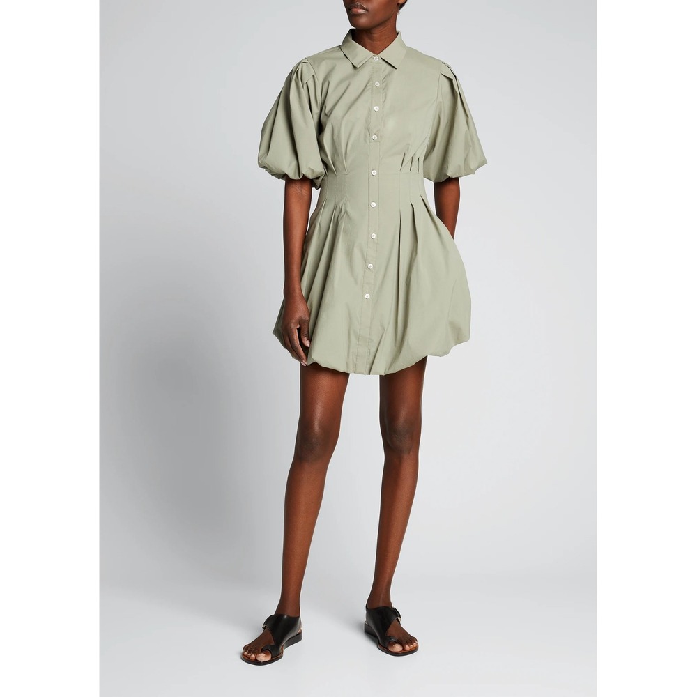 Jonathan Simkhai Cleo Pleated Poplin Sage Balloon Mini Shirt Dress Size 6